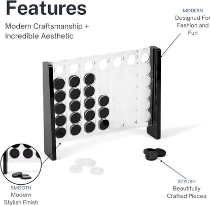 Unique Four in a Row - Acrylic 4 in a Row Game - Board Game Decor - Coffee Table Games - 2 Player Board Games for Family - Connect The Four Pieces Game - Classic Strategy Family Game (Black and White)