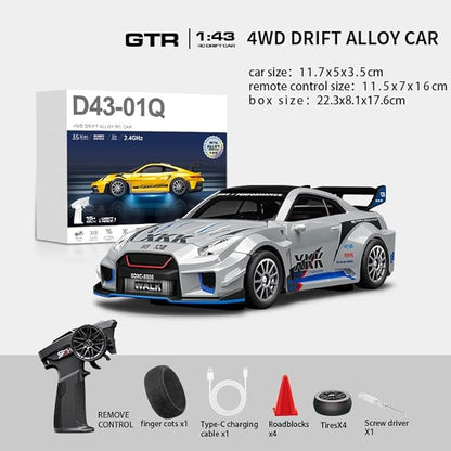 D43-02 1:43 Scale 2.4G Full Proportional 4WD Alloy RC Drift Car with Gyro System Silent Bearings Adjustable Speed &amp LED Lights for Adults High Speed Remote Control Racing Car