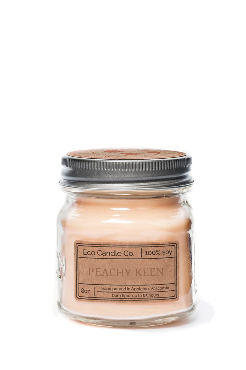 ECO CANDLE CO. Mason Jar Candle, Peachy Keen, 8 oz. - Scents of Peaches, Sugar, & Lemon Juice - 100% Soy Wax, No Lead, Kraft Label & Antiqued Pewter Lid, Hand Poured, Made from Midwest Grown Soybeans