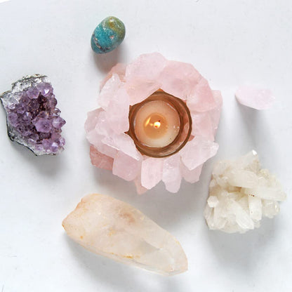 Crystal Rough Stone Votive Candle Holder Tealight Quartz Crystal Healing Gemstone Tealight Holder Home Decor Reiki Stone (Rose Quartz)