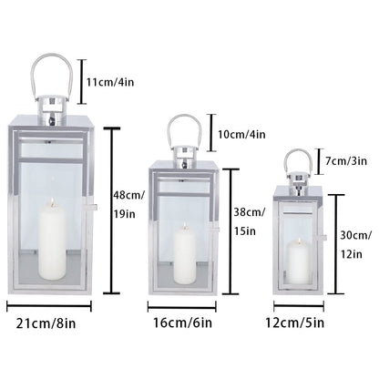 TRIROCKS Stainless Steel Lantern Set of 3, 19" Tall Metal Hanging Lanterns with Clear Glass Panels, Indoor & Outdoor Home Decor for Living Room, Tabletop, Parties & Events - Silver Finish