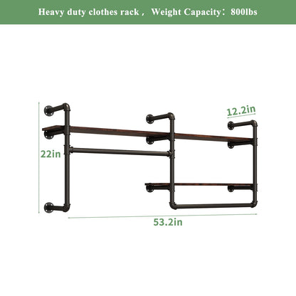 EDCB Industrial Pipe Clothing Rack Wall Mounted - Heavy Duty 2-Tier Closet Organizer with Wood Shelves & Dual Hanging Rods for Bedroom/Retail Store
