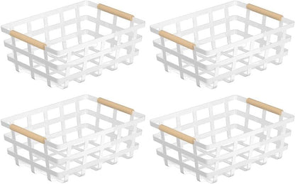 4 Pack Large Metal Storage Baskets, Farmhouse Baskets, Pantry Organizer Baskets with Wood Handle, Metal Baskets Bins for Kitchen Pantry Shelf Cabinets, White