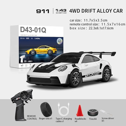 D43-01 1:43 Scale 2.4G Full Proportional 4WD Alloy RC Drift Car with Gyro System Silent Bearings Adjustable Speed &amp LED Lights for Adults High Speed Remote Control Racing Car