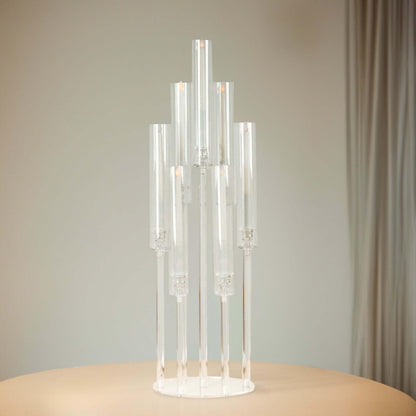 Efavormart 7 Arm Clear Acrylic Cluster Round Taper Candle Holder Candelabra, Pillar Candle Stick Stand with Circular Base - 33" Tall