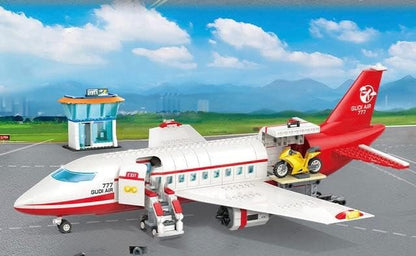 General Jim's White and Red Passenger Airplane 720 Piece Modular Building Block Bricks Toy Playset with Control Tower Service Vehicle and Motorcycle for Teens and Adults
