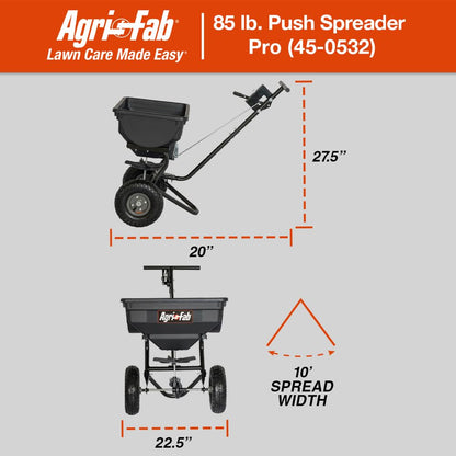 Agri-Fab Push Spreader Pro for Seed, Fertilizer and Lawn Care, 85 lb Capacity with 10 Ft Spread Width and Pneumatic Tires
