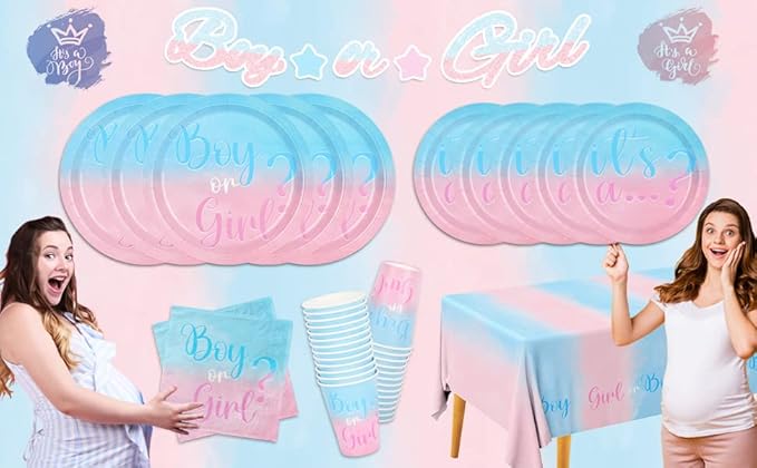 Baby Gender Reveal Party Supplies Boy or Girl Disposable Paper Plates Napkins Cups Tablecloth for Baby Shower Decorations Serve 25