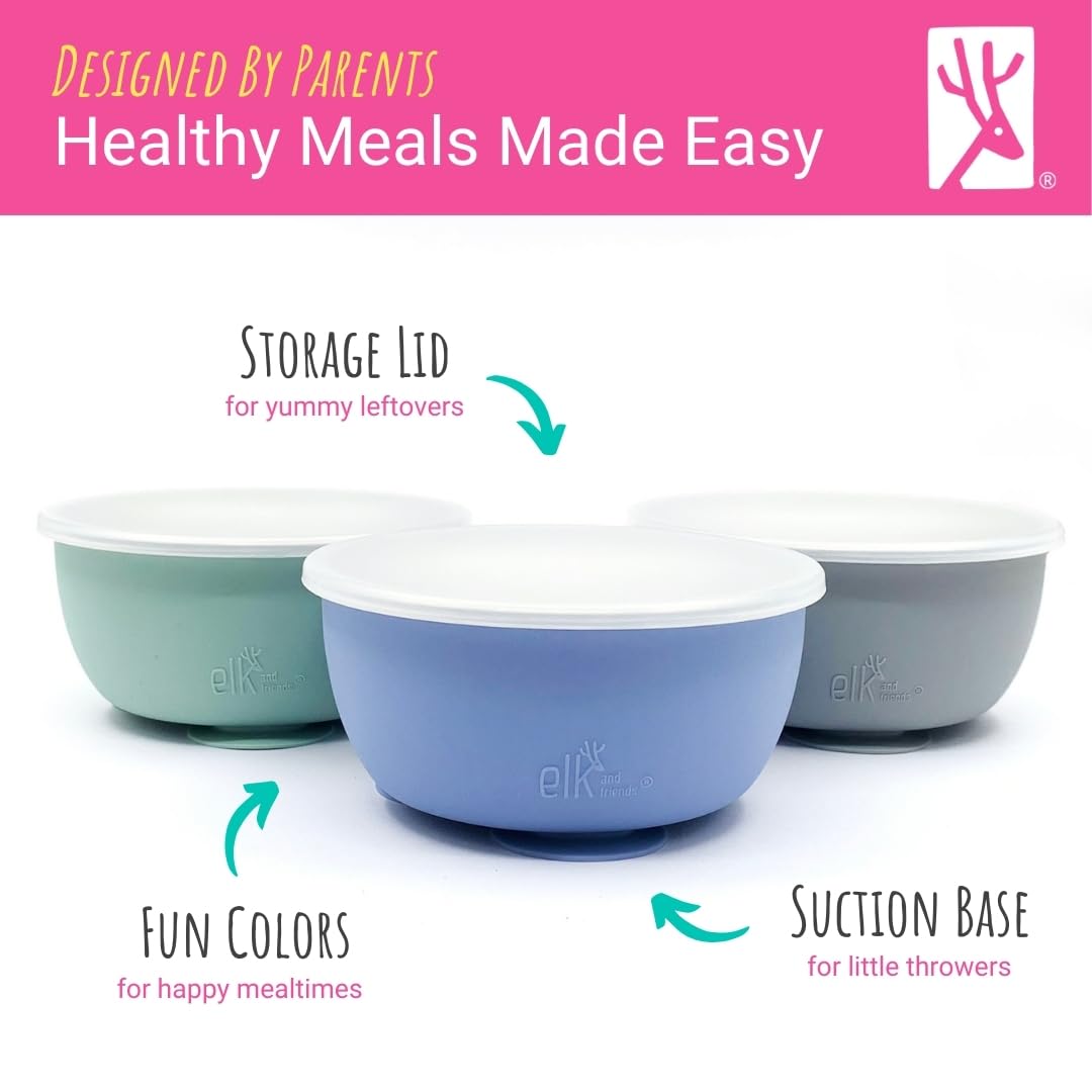 Elk and Friends Stainless Steel Bowls with Silicone Sleeve for Babies & Toddlers | Lids Included | Stay Put Suction | Cereal & Snack Bowls | 4 Pack