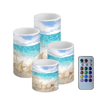 NETILGEN Beach Starfish Seashell Flameless Light Candles Battery Powered with Timer Remote Color Chaging Pillar Candle with Warm Yellow Color Changing Light Pack of 4