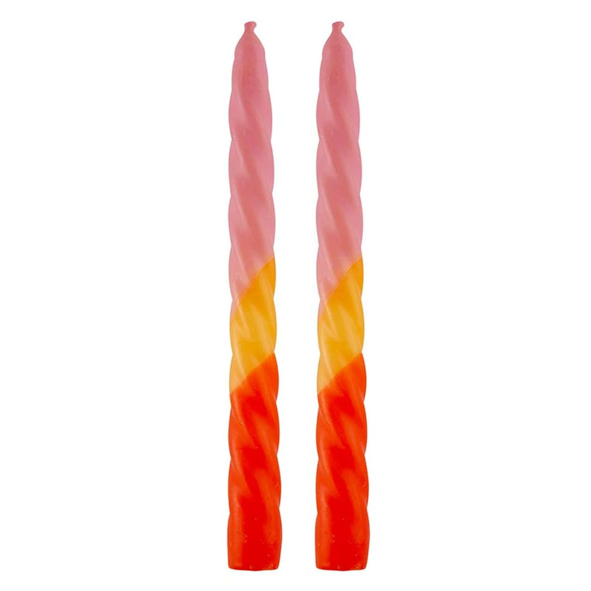 Slant Collections Tri-Colored Unscented Spiral Taper Candles 2-Count Dinner Candles, 9-Inch, Pink/Yellow/Orange