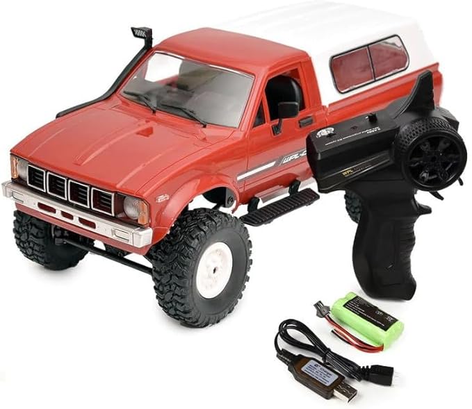 YIKESHU RC Rock Crawler WPL C24 RC Truck 4x4 1/16 RC Crawler Off Road All Terrain Car Proportional Throttle Steering Hobby RC Climb Semi Truck LED Light RTR Trailer (Red)