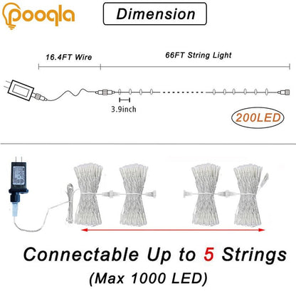 Warm White String Lights Outdoor Christmas Decoration, 66 ft 200 LED Christmas Lights Plug in, Indoor Connectable 8 Modes Clear Wire Twinkle Fairy String Lights for Xmas Tree Bedroom Holiday Party