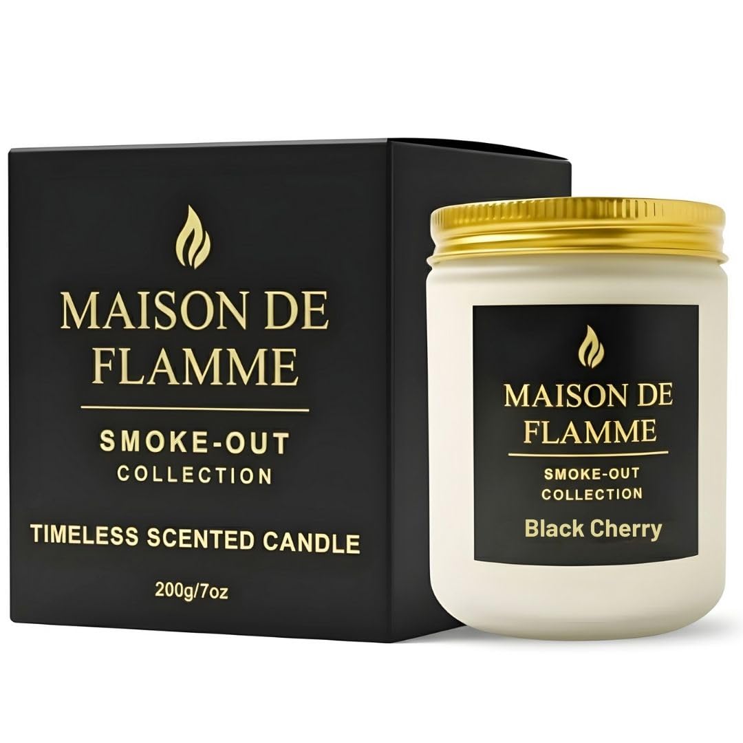 MAISON DE FLAMME Black Cherry Odor-Eliminating Scented Candle, 200g/7oz White Jar – Long-Lasting Soy Wax Blend Candle for Smoke, Kitchen & Home Odors