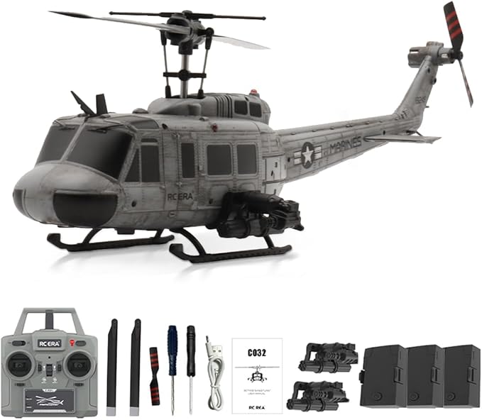 RC ERA C032 RC Helicopter 1/48 Scale 2.4G 6CH UH-1 Huey Flybarless RC Helicopter 6-Axis Gyroscope Stabilization with Altitude Hold &amp 3D Inverted Flight for Adults Enthusiasts(3 Battery)