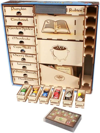 The Broken Token Game Organizer Compatible with Quacks of Quedlinburg - Wooden Game Organizing Box with Multiple Trays