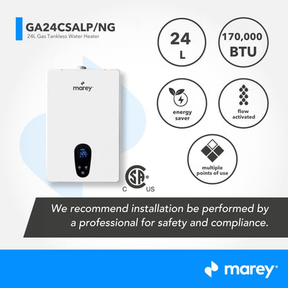 Marey Tankless Water Heater Gas, 7.5 GPM, 170,000 BTU, Liquid Propane, CSA Certified, Indoor