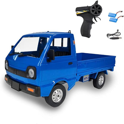 WPL D12 RC Kei Truck 1:10 Scale Remote Control Drift Car 2.4GHz All Terrain Off Road Pickup Truck Crawler with Brushed Motor LED Headlights 2 Batteries RTR for Adults (Blue)