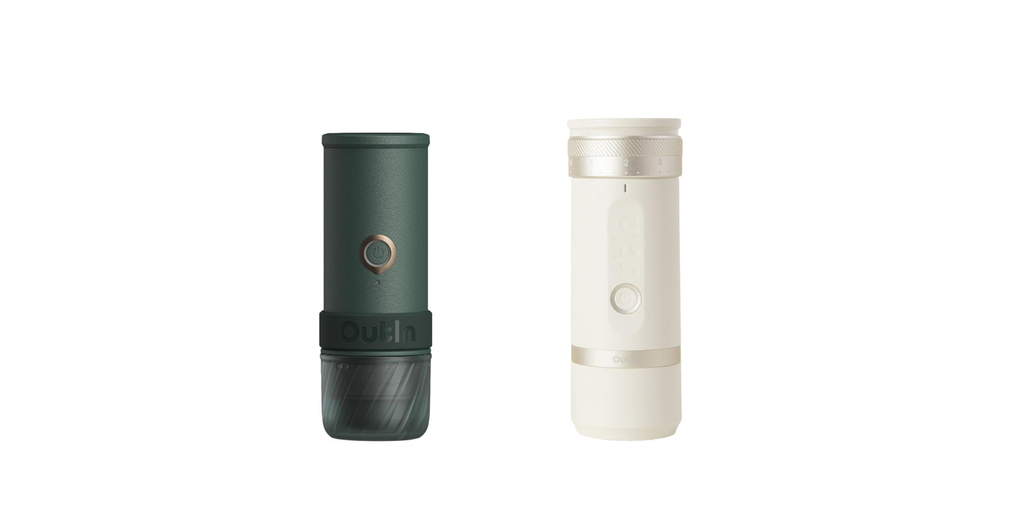 OutIn Mino with Fino, Portable Electric Espresso Machine with Portable Electric Coffee Grinder (Green & White)