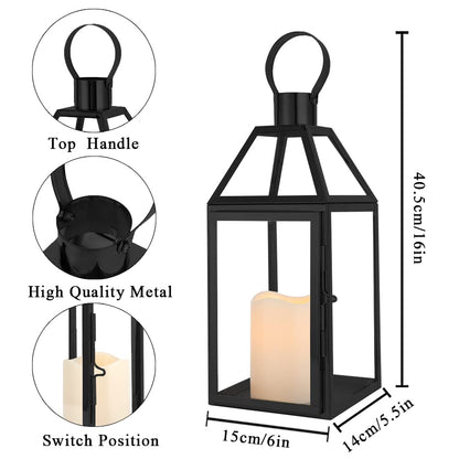JHY DESIGN Black Decorative Lanterns 16“H Decorative Candle Lantern with Tempered Glass for Indoor Outdoor Events Parities and Weddings