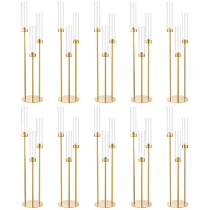 Vincidern 10pcs 3 Arm Candelabra, Gold Candle Holder Centerpieces for Table, 33.8'' Tall Candelabra with Acrylic Lampshade for Wedding Table Centerpiece, Birthday Party, Events Fit LED Taper Candles
