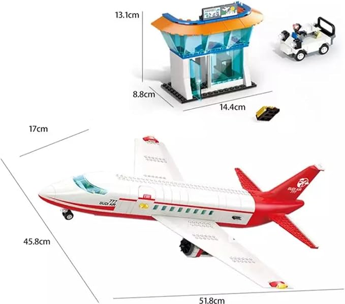 General Jim's White and Red Passenger Airplane 720 Piece Modular Building Block Bricks Toy Playset with Control Tower Service Vehicle and Motorcycle for Teens and Adults
