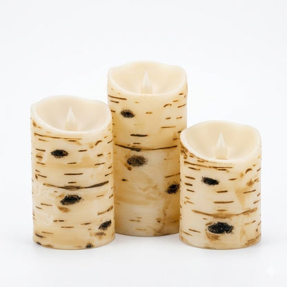 Comenzar Flameless Candles Birch Bark Texture, Flickering Flame Battery Operated LED Candles, Electric Plastic Candles with Remote Timer for Home Decor, Rustic Wedding Centerpiece, Gift Set of 3