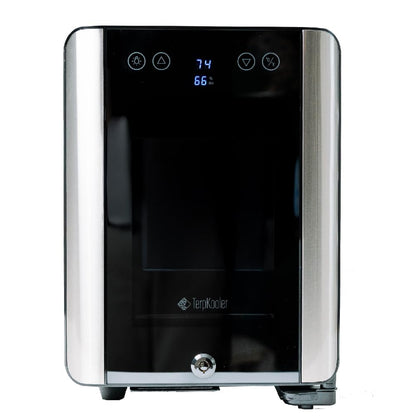 Terpkooler Essential Cooler Compact Portable Mini Fridge with Temp & Humidity Control, 3 USB Ports, Smoked Glass Shelves, Lockable UV Glass Door for Herbs, Oils, Cosmetics, and More