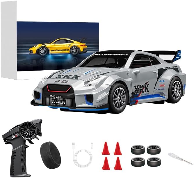 1/43 Scale RC Drift Car 2.4G Full Proportional 4WD Remote Control Car with Gyro Adjustable Speed &amp LED Lights Alloy RC Vehicle for Adult