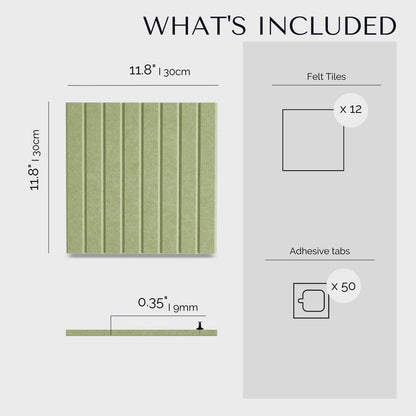 VIVELDA Felt Bulletin Board Tiles 48"x36" - 12-Pack Cork Board Alternative, Oeko-TEX Certified, NRC 0.95 Acoustic Wall Panels, Damage-Free Adhesive, Slatted Design, Home Office & Classroom (Avocado)