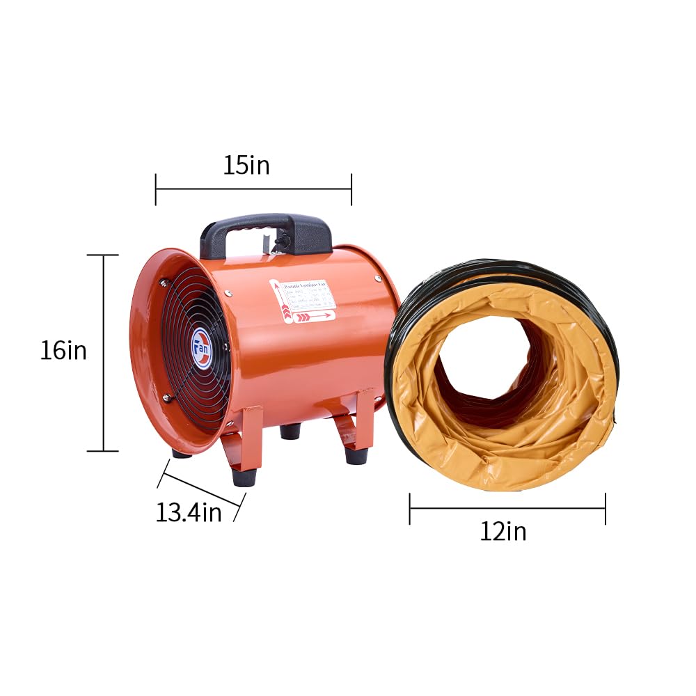 12Inch Utility Blower Fan with 16ft Flexible Duct Hose, 3900 m3/h High Velocity Portable Industrial Exhaust Fanial Extractor for Basements,Workshops,Warehouses,Confined Spaces (12IN Fan+16FT Hose)