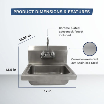 Kratos Commercial Hand Sink with Gooseneck Faucet | 14"W x 10"D x 5"H Stainless Steel Bowl | Wall Mounted Stainless Steel Handwashing Sink for Foodservice and Commercial Use | NSF Certified (28W-088)