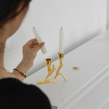 Elegant Gold Metal Tree Branch and Leaf-Inspired Dual Candle Holder Taper for Home Decor Tables top Tealight Wedding Centerpiece 5.12"x4.57" (Golden)