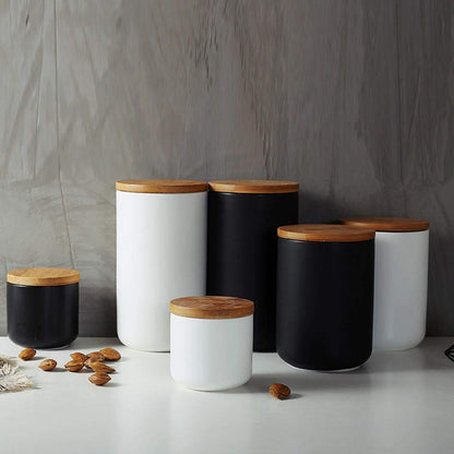 MilkyWay Food Storage Jar Strong Ceramic Storage Canisters with Airtight Seal Bamboo Lid Modern Design Seal Damp-Proof Kitchen Jar for Coffee, Tea, Spice and More (Black(S: 8.7oz/260ml))
