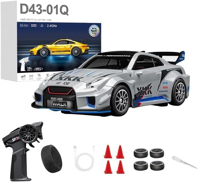1:43 RC Drift Car 20KM/H with Gyro 2.4G 4WD Full Proportional Alloy Sport Racing Car Adjustable Speed LED Lighting for Teens &amp Adults-D43-02