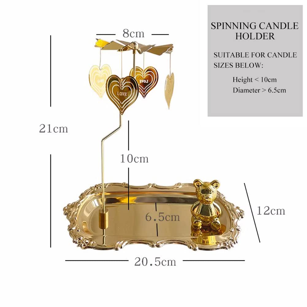Candle Spinner Spinning Candle Holder with Tray and Bear Accessories, Gold Tea Lights Candle Holder for Table Decoration, Christmas, Valentine's Day, Party Decoration (Love)
