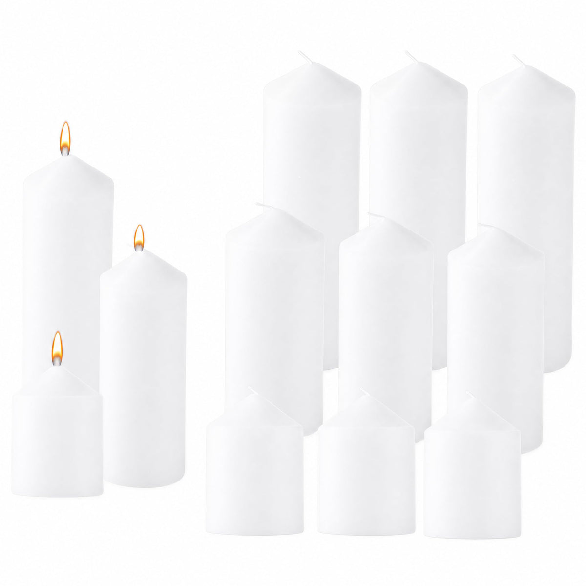 12 Pcs Individually Wrapped Pillar Candles Bulk, 2x3 2x6 2x8 Inch, Unscented Dripless Smokeless, Hurricane Candles for Wedding Party, Spa, Home Decor (12 White Pointed-tip, 2 x 3/6/8 Inch)