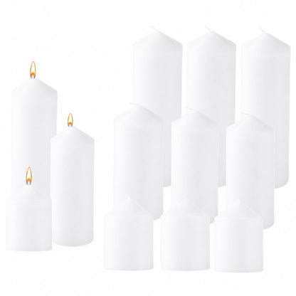 12 Pcs Individually Wrapped Pillar Candles Bulk, 2x3 2x6 2x8 Inch, Unscented Dripless Smokeless, Hurricane Candles for Wedding Party, Spa, Home Decor (12 White Pointed-tip, 2 x 3/6/8 Inch)