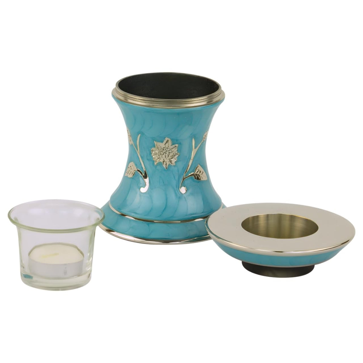 Grace Turquoise Tealight Cremation Urn for Ashes, Brass Memorial Candle, Blue Green, Extra Small Size, 5.5 Inches High