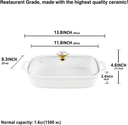 Regine Switzerland Ceramic Casserole Dish - 11" x 8" White Serving Tureen with Glass Lid | 1.6 Quart Capacity for Buffets & Catering