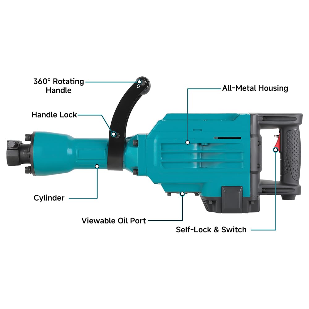 Victeche 2400W Demolition Electric Jack Hammer 65J Heavy Duty Concrete Breaker with Point and Flat Chisel