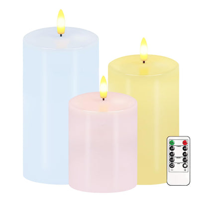 Pastel Flameless Candles, Set of 3 Flickering Easter LED Candles with Remote & Timer, Dimmable Real Wax Electric Pillar Candles Battery Operated, Spring Candles Light for Home Spring Easter Decor