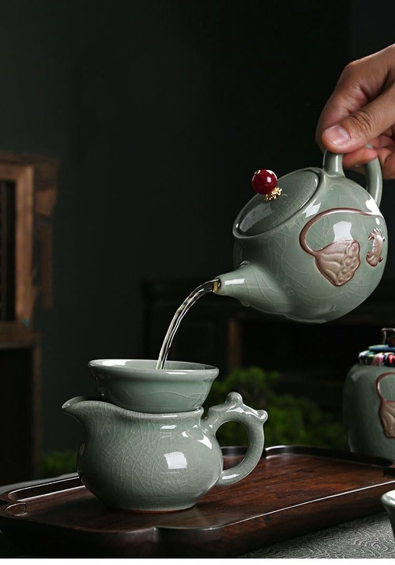 Porcelain Chinese Gongfu Tea Set | Ge Kiln Ceramics Tea maker and Infuser,Portable All in One Gift Bag for Travel,Home,Gifting,Outdoor and Office (哥窑陶瓷功夫茶具11件套装)