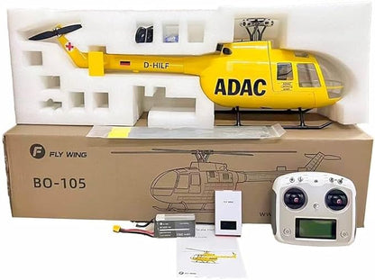 FlyWing BO-105 Scale Four Blade Metal Rotor Head &amp 10CH Transmitter - Remote Control Helicopter GPS &amp 3D Mode Outdoor RC Helicopter RTF for Adult Beginners (Yellow (BO105-RTF-Y))