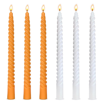 10 Inch 3 White and 3 Orange Spiral Taper Candle Set, Unscented Dripless Candlesticks for Fall Harvest Halloween Thanksginving, Holiday Décor, and Festive Dinners