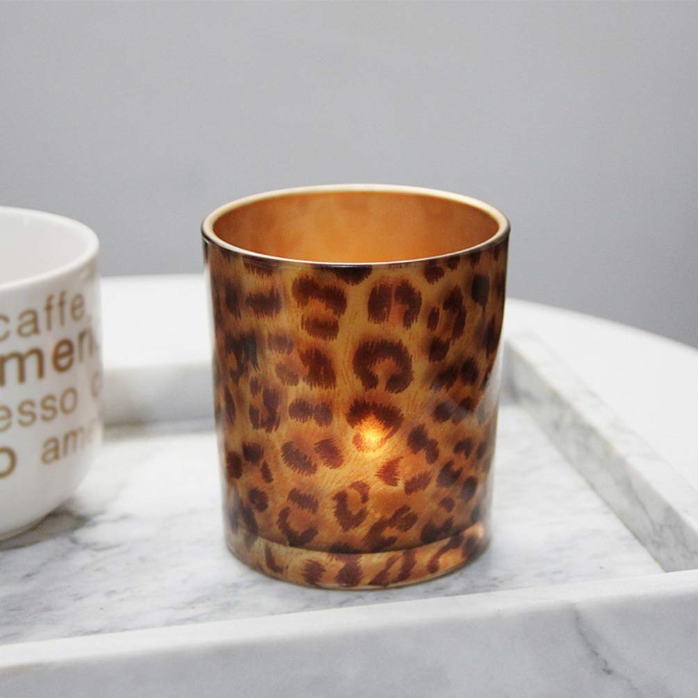 OSALADI Glass Candle Holder Tealight Stand Cup Fragrance Warmer Leopard Print Candlestick Holder Desktop Centerpiece for Home Wedding Decor