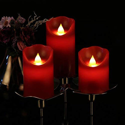 JUNPEI LED Candles, Battery Flickering Candles, Set of 3 Red Real Wax,300+ Hour Decorating Pillars Candles, with10 Buttons Remote Control with 24 Hour Timer Function for Decoration Christmas