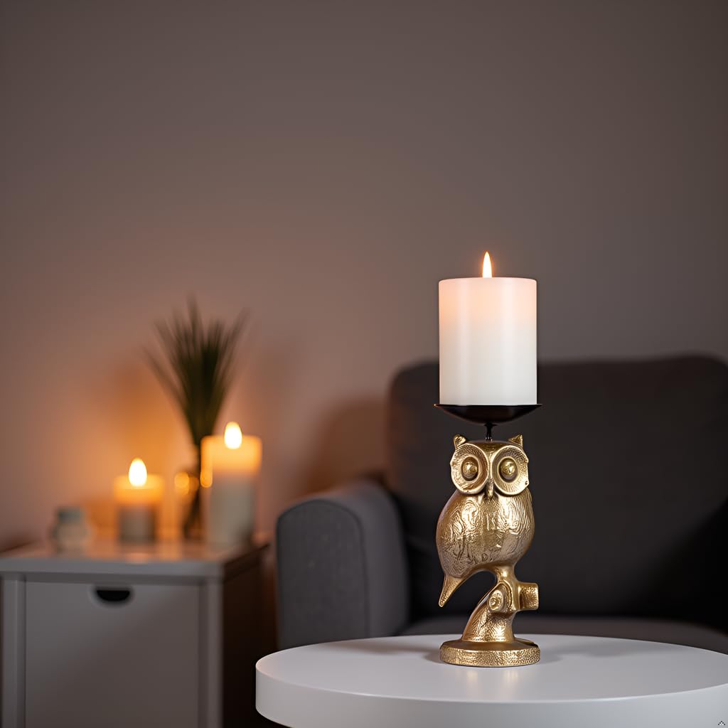 Gold Owl Candle Holder Set of 3 – Decorative Taper & Small Pillar Candlestick Holders for Table Centerpieces, Shelf & Living Room Décor