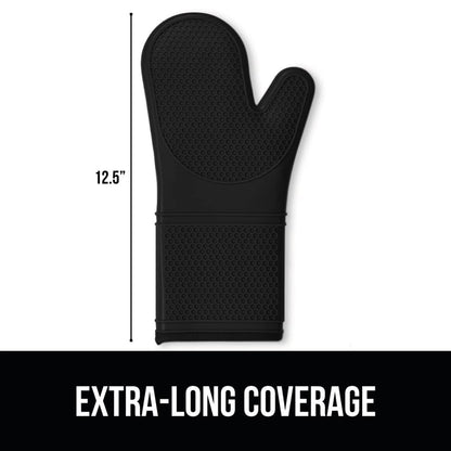 GORILLA GRIP BPA-Free Soft Silicone Oven Mitts, Heat Resistant and Waterproof Cooking Gloves, Thick Cotton Lining, Flexible Gripping for Baking Grilling, Kitchen Potholders Set of 2, 12.5x8.3, Black