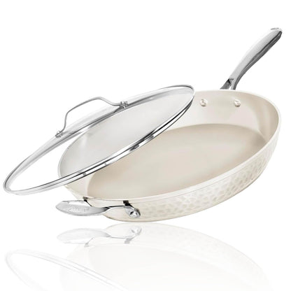 GOTHAM STEEL HAMMERED 14 Inch Non Stick Frying Pans with Lid, Extra Large Frying Pans Nonstick Cooks Family Sized Meals, Non Toxic PFOA Free, Induction Ready, Oven and Dishwasher Safe